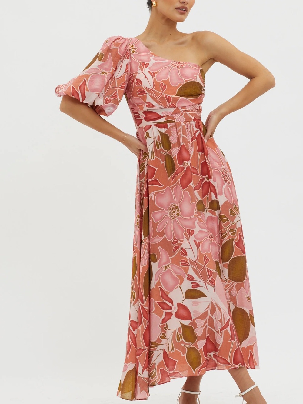 One-Shoulder Floral Pink Midi Dress with Puff Sleeve